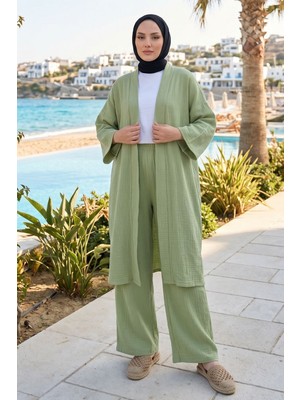 Modestim Kadın Mint Yeşil Belden Bağlamalı Yazlık Şık Trend Uzun Kimono Hırka Pantolonlu Tesettür Takım