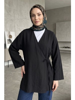 Modestim Kadın Kruvaze Yaka Yan Bağlamalı Çilek Kumaş Yazlık Hırka Kimono Tesettür Tunik Siyah Tesettür Giyim