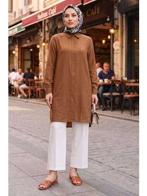 Modestim Kadın Gömlek Yaka Düğmeli Yırtmaç Detay  Yazlık Trend Tesettür Uzun Tunik Taba