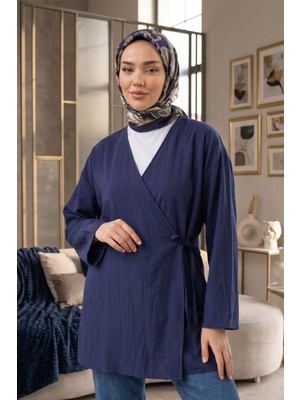 Modestim Kadın Kruvaze Yaka Yan Bağlamalı Çilek Kumaş Yazlık Hırka Kimono Tesettür Tunik Lacivert Tesettür Giyim