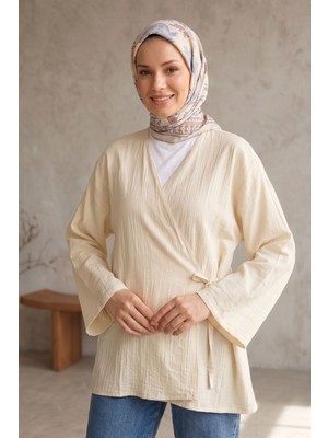 Modestim Kadın Kruvaze Yaka Yan Bağlamalı Çilek Kumaş Yazlık Hırka Kimono Tesettür Tunik Taş Tesettür Giyim