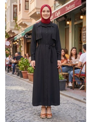Modestim Kadın Gömlek Yaka Düğmeli Önü Aller Detaylı Kol Manşetli Yazlık Siyah Tesettür Uzun Elbise