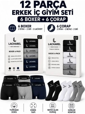 Efnaz Style Erkek 12LI Iç Giyim Seti Pamuklu 6 Boxer 6 Çorap Çoklu Paket - Siyah - Lacivert - Gri - Beyaz