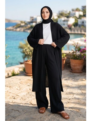 Modestim Kadın Siyah Belden Bağlamalı Yazlık Şık Trend Uzun Kimono Hırka Pantolonlu Tesettür Takım