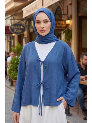Modestim Kadın Indigo Ön Bağlamalı Yeni Sezon Tren Çilek Kumaş Ince Tesettür Kimono Tunik