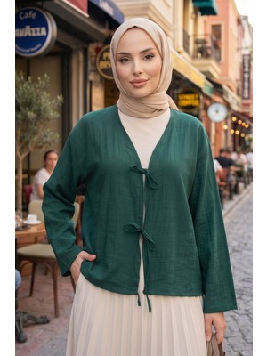 Modestim Kadın Zümrüt Yeşili Ön Bağlamalı Yeni Sezon Tren Çilek Kumaş Ince Tesettür Kimono Tunik