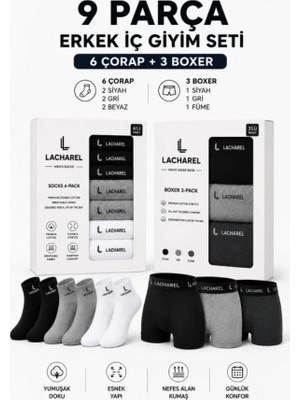 Efnaz Style Erkek 9lu Iç Giyim Seti Pamuklu 3 Boxer 6 Çorap Çoklu Paket - Siyah - Füme - Gri - Beyaz