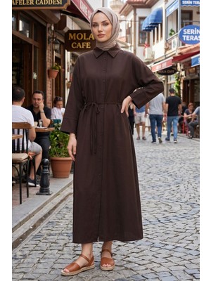 Modestim Kadın Gömlek Yaka Boydan Düğmeli Geniş Manşetli Dabıl Kumaş Rahat Kalıp Kahve Tesettür Elbise