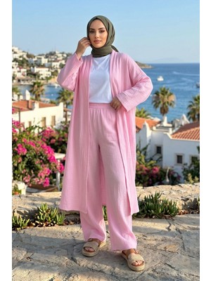 Modestim Kadın Pembe Belden Bağlamalı Yazlık Şık Trend Uzun Kimono Hırka Pantolonlu Tesettür Takım
