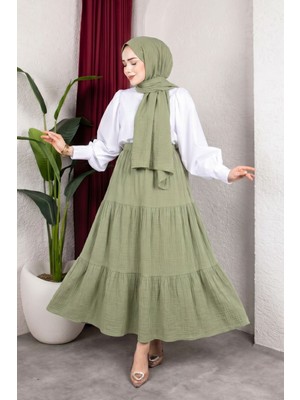 Modestim Kadın Mint Yeşil Kat Kat Müslin Kumaş Yazlık Beli Lastikli Tesettür Etek