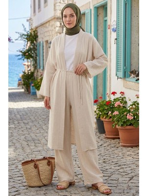 Modestim Kadın Bej Belden Bağlamalı Yazlık Şık Trend Uzun Kimono Hırka Pantolonlu Tesettür Takım