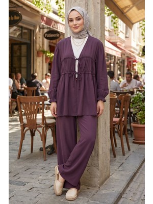 Modestim Kadın Bordo Önü Büzgülü Bağlamalı Tunik Pantolonlu Tesettür Kombin Takım