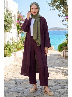 Modestim Kadın Bordo Belden Bağlamalı Yazlık Şık Trend Uzun Kimono Hırka Pantolonlu Tesettür Takım