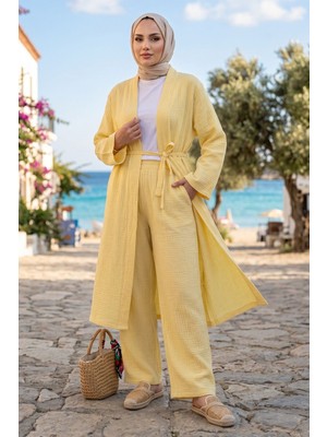 Modestim Kadın Sarı Belden Bağlamalı Yazlık Şık Trend Uzun Kimono Hırka Pantolonlu Tesettür Takım