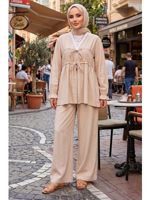 Modestim Kadın Taş Önü Büzgülü Bağlamalı Tunik Pantolonlu Tesettür Kombin Takım