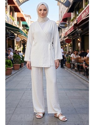 Modestim Kadın Ekru Yandan Bağlamalı Çilek Kumaş Kimono Tunik Pantolon Takım Kombin