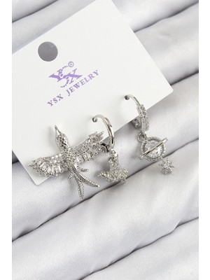 Mey Ithalat® Pirinç Zirkon Taşlı 3'lü Kuş Model Gümüş Renk Kadın Küpe