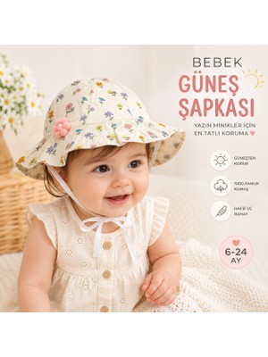 Miniboncuk Kız Bebek Çiçek Desenli Güneş Şapkası Bağcıklı Yazlık Geniş Siperlikli 6-24 Ay