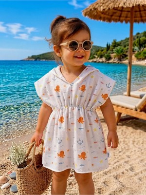 %100 Pamuklu Müslin  Kumaş Çocuk&bebek Kapüşonlu ve  Panço Bornoz, Plaj Havlusu