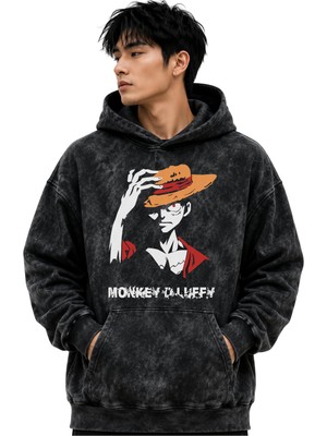 Sevbano Monkey D. Luffy One Piece Anime Baskılı Unisex Oversize Yıkamalı Premium Hoodie Sweatshirt