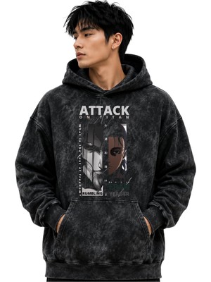 Sevbano Attack On Titan Eren Yeager Anime Baskılı Unisex Oversize Yıkamalı Premium Hoodie Sweatshirt
