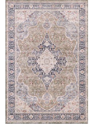 Arteluna Home Zümrüt 01 Göbekli Krem Lacivert Yeşil Vintage Desenli Eskitme Ince Yıkanabilir Salon Ev Oda Halısı