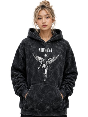 Sevbano Nirvana Rock Metal Müzik Grubu Baskılı Unisex Oversize Yıkamalı Premium Hoodie Sweatshirt