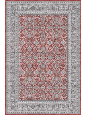 Arteluna Home Zümrüt 04 Bordürlü Kırmızı Gri Krem Vintage Desenli Eskitme Ince Yıkanabilir Salon Ev Oda Halısı