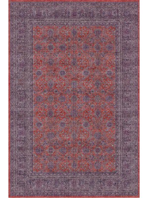 Arteluna Home Zümrüt 03 Bordürlü Mor Kırmızı Gri Vintage Desenli Eskitme Ince Yıkanabilir Salon Ev Oda Halısı