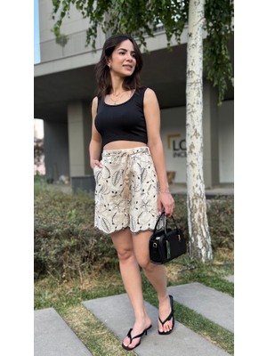 Leilaa Hasır Kemerli Nakışlı Keten Şort