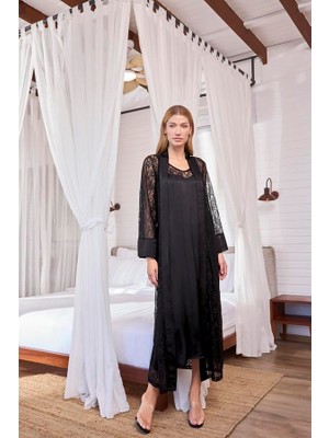 Aria's Closet Arias Closet %100 Viskon Dantelli ve Dekolteli Saten Sabahlık Takımı