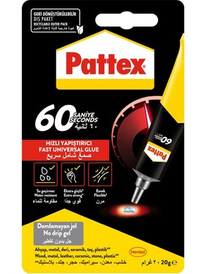 Mey İthalat Pattex 60 Saniye Üniversal Yapıştırıcı, Ev Onarımları Için Çok Amaçlı Yapıştırıcı, 60 Saniyede Hızlı Yapıştırıcı, Çeşitli Malzemeler Için Güçlü Yapıştırıcı, 1X20G Tüp