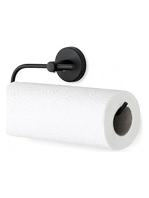 Mey İthalat Lotus Siyah Kağıt Havluluk, Yapışkanlı ve Vidalı Montajlı Rulo Havlu Askısı, Mat Siyah Statik Boyama, 35 mm Oval Bantlı Mutfak ve Banyo Kağıt Havlu Tutucu