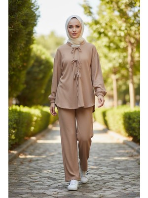 Stil Kuşağı Ön Bağlamalı Bürümcük Kimono Pantolonlu Takım