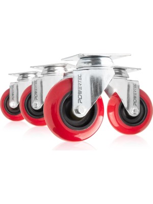 Mey İthalat Powertec 17206 Döner Mafsal Poliüretan Tekerlek, 7,6 Cm, Kırmızı, 4'lü Paket
