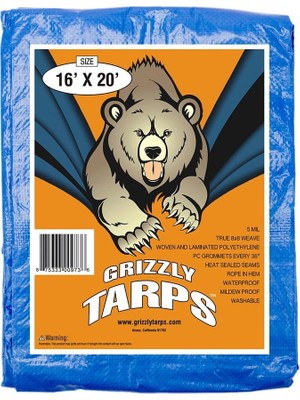 Mey İthalat B-Air Tarafından Grizzly Tarps 16' x 20' Büyük Çok Amaçlı Su Geçirmez Ağır Hizmet Tipi Poli Tarp Grometli Her 36 Inç, 8x8 Dokuma, 5 Mil Kalınlığı, Ev, Tekneler, Arabalar, Kamp, Koruyucu Kılıf Için,