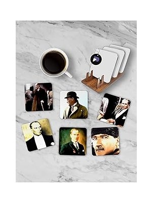 Mey İthalat Postermanya (PSTER21275) Mustafa Kemal Atatürk Standlı Ahşap Bardak Altlığı Seti, 6 Adet Baskılı Bardak Fincan Kahve Altlığı