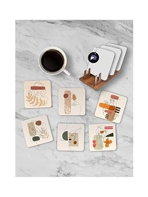 Mey İthalat Postermanya (PSTER21271) Soyut Kadınlar Standlı Ahşap Bardak Altlığı Seti, 6 Adet Baskılı Bardak Fincan Kahve Altlığı