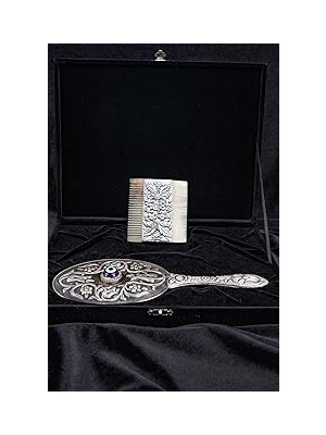 Mey İthalat Turan DESIGN.925 Ayar Gümüş Ayna ve Tarak Seti, Hediyelik El Yapımı Nazar Boncuklu Çiçek Desenli Orijinal Gümüş El Aynası ve Gümüş Kemik Tarak Seti