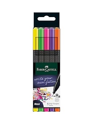 Mey İthalat Faber-Castell Grip Finepen Ince Keçe Uçlu Kalem Seti, 5’li, Neon Renkler, 0.4 Mm, Metal Destekli, Ergonomik Üçgen Gövde