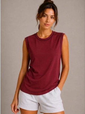 Trend Cojans Kontrast Biyeli Kolsuz Atlet Bisiklet Yaka Yazlık Basic Atlet - Bordo