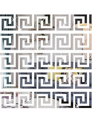 Mey İthalat Aputue Ayna Duvar Stickerı, 30 Parça Çıkarılabilir Kendinden Yapışkanlı Akrilik Ayna Duvar Dekoru, Geometrik Yunan Desenli, Oturma Odası Yatak Odası Tv Arka Planı Duvar Dekorasyonu (Gümüş)