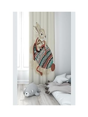 Mey İthalat Pelangi Krem Tavşan Desenli Dijital Baskı Yıkanabilir Bebek Çocuk Odası Fon Perdesi, Bej-Yeşil 140 x 240