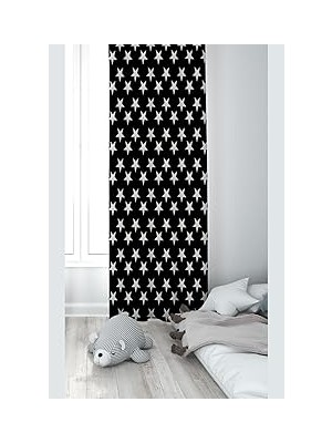 Mey İthalat Pelangi Siyah Yıldız Desenli Dijital Baskı Yıkanabilir Bebek Çocuk Odası Fon Perdesi, Siyah 140 x 200
