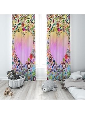 Mey İthalat Pelangi Çok Renkli Kalp Desenli Dijital Baskı Yıkanabilir Bebek Çocuk Odası Fon Perdesi, Pembe-Renkli 140 x 270
