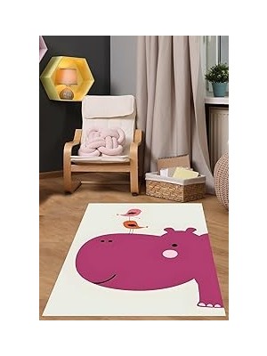 Mey İthalat Pelangi Beyaz Zemin Hipopotam Modern Yıkanabilir Kaymaz Taban Leke Tutmaz Çocuk Odası Halısı, Fuşya-Turuncu-Pembe-Beyaz 100 x 200, 7642014910020005