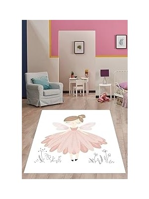 Mey İthalat Pelangi Kanatlı Balerin Kız Yıkanabilir Kaymaz Taban Leke Tutmaz Çocuk Odası Halısı, Pembe-Siyah-Beyaz 80 x 200, 7642011508020005