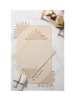 Mey İthalat Egebella Dantelli Lüx Kaydırmaz Taban 2'li Banyo Paspas Takımı - Bej, 60X100 cm ve 50X60 Cm, F1591