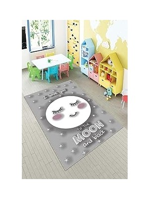 Mey İthalat Pelangi Gri Ay Desenli Yıkanabilir Kaymaz Taban Leke Tutmazbebek ve Çocuk Odası Halısı, Açık Gri-Beyaz 160 x 250, 901357153160250