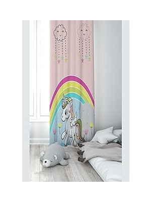 Mey İthalat Pelangi Pembe Unicorn Desenli Dijital Baskı Yıkanabilir Bebek Çocuk Odası Fon Perdesi, Pudra-Renkli 140 x 270